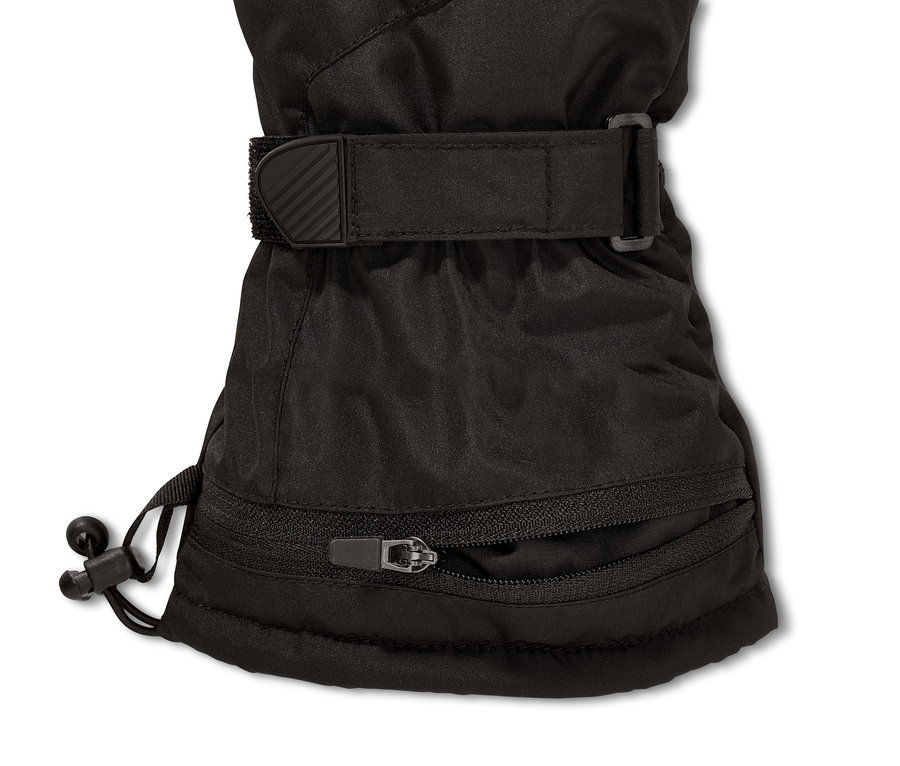 Detailansicht eines schwarzen Skihandschuhs mit Reißverschluss und Kordelzug.