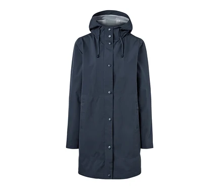 Eine dunkelblaue Hardshell-Regenparka mit Kapuze und Knopfverschluss.