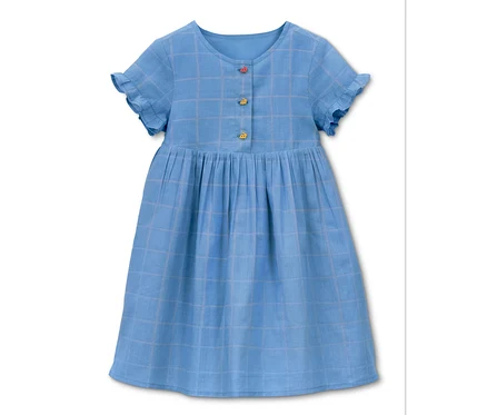 Blaues Webkleid aus Bio-Baumwolle mit kurzen Ärmeln und Karomuster.