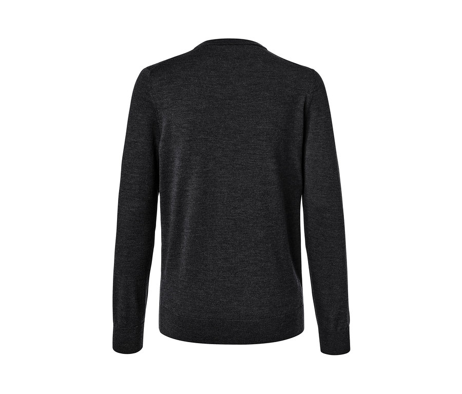 Detailansicht der Rückseite eines anthrazitfarbenen Merino-Pullovers.