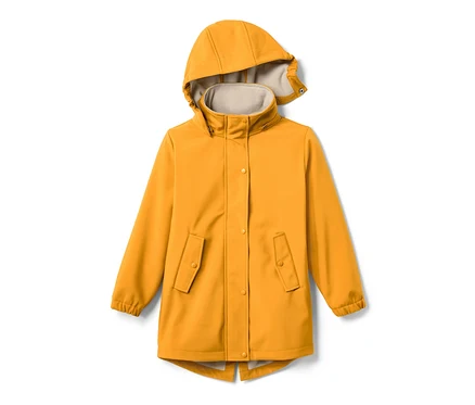 Gelber Parka mit Kapuze.