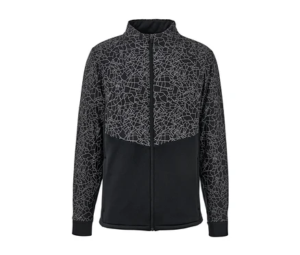 Schwarzgraue Thermojacke mit Reißverschluss und geometrischem Muster.