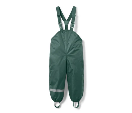 Dunkelgrüne Kinder-Thermo-Regenhose mit Latz und verstellbaren Trägern.