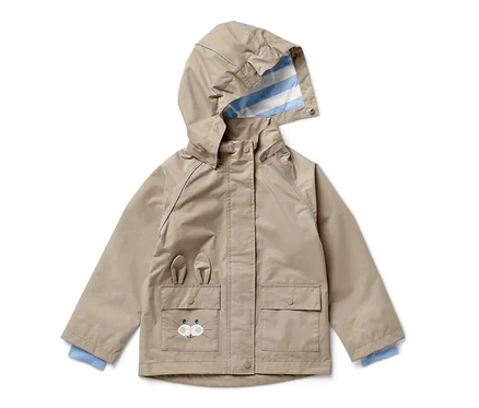 Braune Kinder-Regenjacke mit Kapuze und Hasenmotiv.