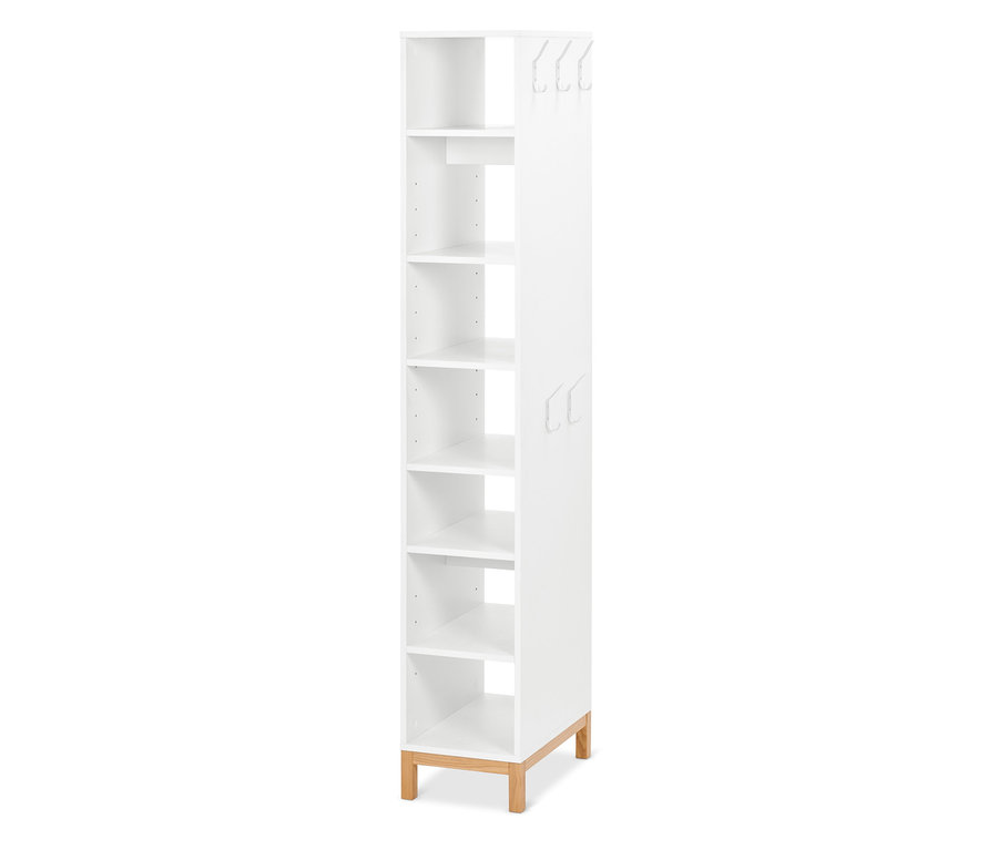 Weißes Schuhregal mit Garderobe.