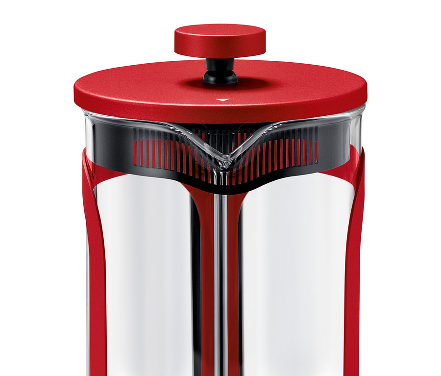 Detailaufnahme einer roten Siebstempelkanne (800 ml, 6 Tassen).