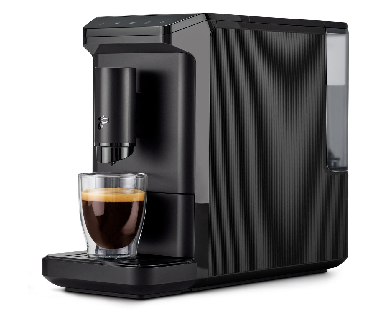Eine schwarze »Esperto mini« Kaffeemaschine mit einer Tasse Kaffee.