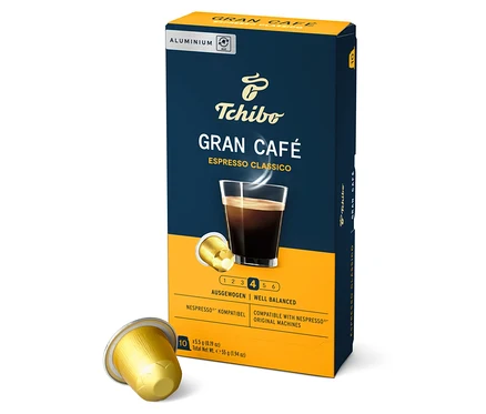 Packung Gran Café Espresso Classico - 10 Kapseln mit einer Kapsel daneben.