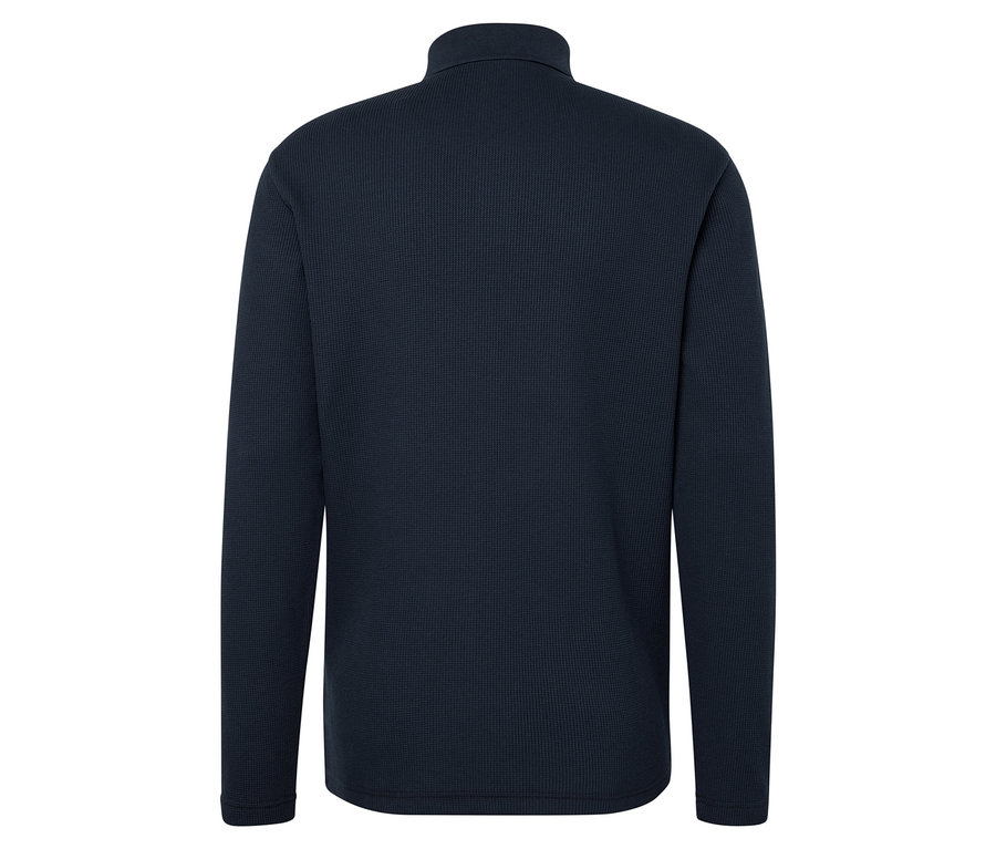 Dunkelblauer, langärmliger Pullover mit Textur.