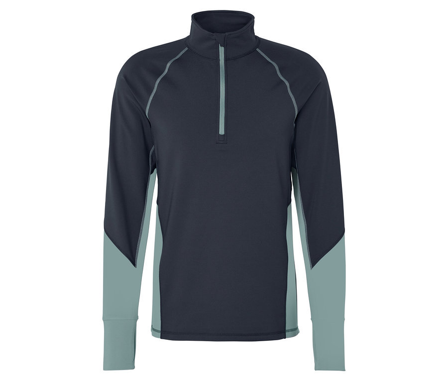 Dunkelblaues Langarmshirt mit hellblauen Einsätzen und Reißverschluss.