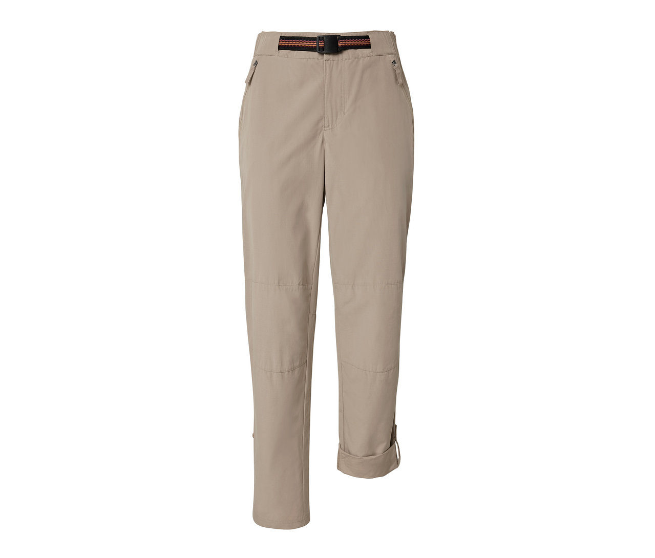 Beige Outdoorhose mit Moskito-Schutz und braunem Gürtel.