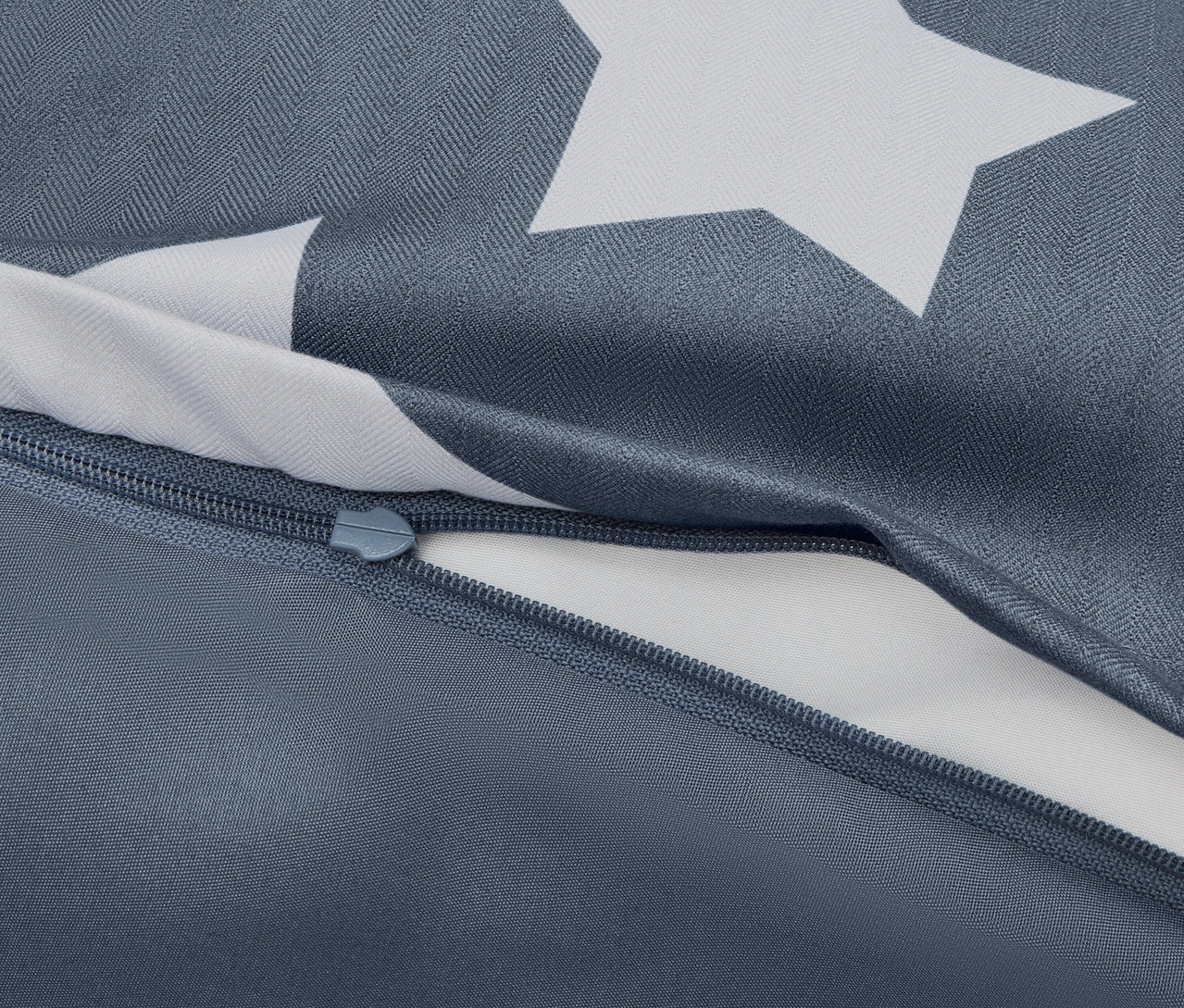 Detailaufnahme eines blauen Bettbezugs mit weißen Sternen und einem teilweise geöffneten Reißverschluss.