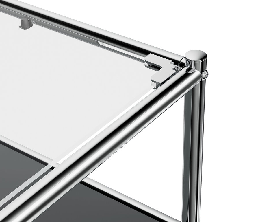 Detailansicht des grauen Lowboards Metall »CN3« mit Klappenfach und Glasplatte.