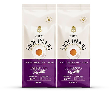 Zwei Packungen Caffè Molinari Espresso Perfetto. Die Packungen sind weiß mit einem violetten Streifen unten.