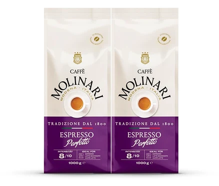 Zwei Packungen Caffè Molinari Espresso Perfetto. Die Packungen sind weiß mit einem violetten Streifen unten.