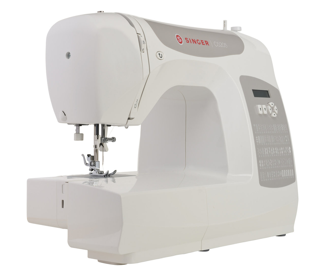 Nahaufnahme der weißen Singer Computer-Nähmaschine »C5205«.