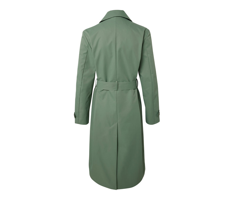 Rückansicht eines hellgrünen Trenchcoats.