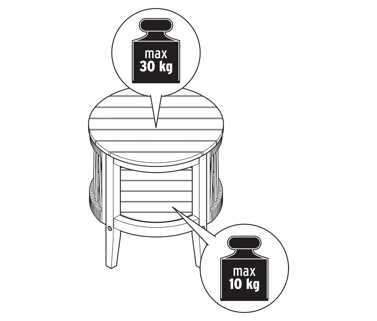 Illustration eines Garten-Beistelltisches mit abnehmbarer Tischplatte, Ø ca. 50 cm, mit Gewichtsangaben.