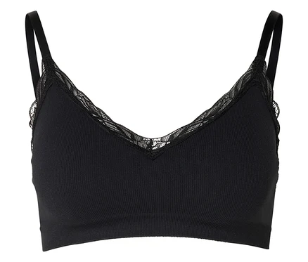 Schwarzes, geripptes Bralette mit Spaghettiträgern und Spitzenbesatz am V-Ausschnitt.