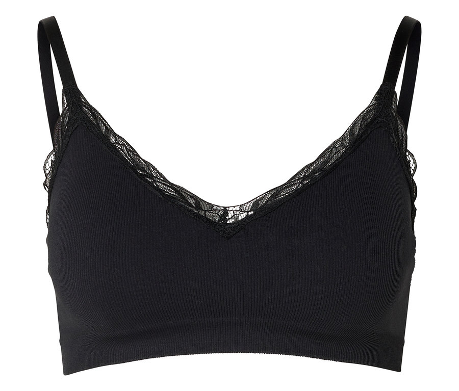 Schwarzes, geripptes Bralette mit Spaghettiträgern und Spitzenbesatz am V-Ausschnitt.