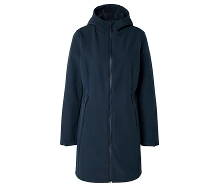 Marineblaue, lange Softshelljacke mit Kapuze und Reißverschluss vorne.