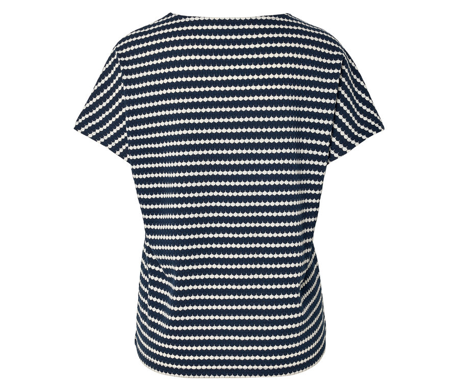 Rückansicht eines dunkelblauen T-Shirts mit horizontalen weißen Punktreihen.