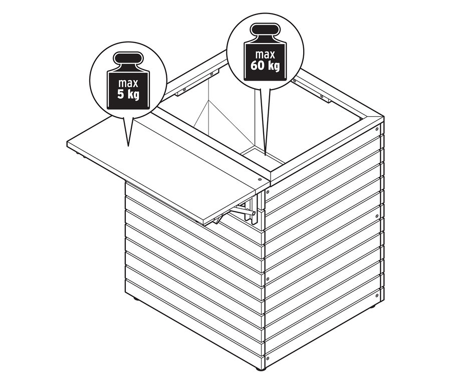 Abgebildet ist ein Pflanzkasten mit Ausklapptisch »Tinus«. Der Tisch ist ausgeklappt. Es gibt eine Gewichtsbegrenzung von maximal 5 kg für den Tisch und 60 kg für den Kasten.