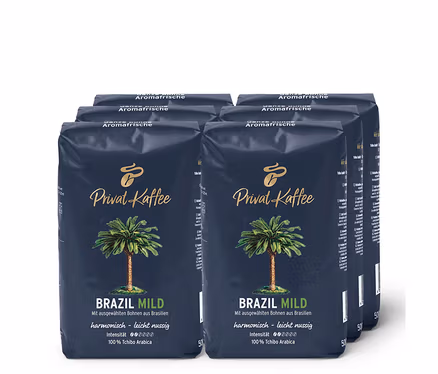 Sechs Packungen Privat Kaffee Brazil Mild - 6x 500 g Ganze Bohne.