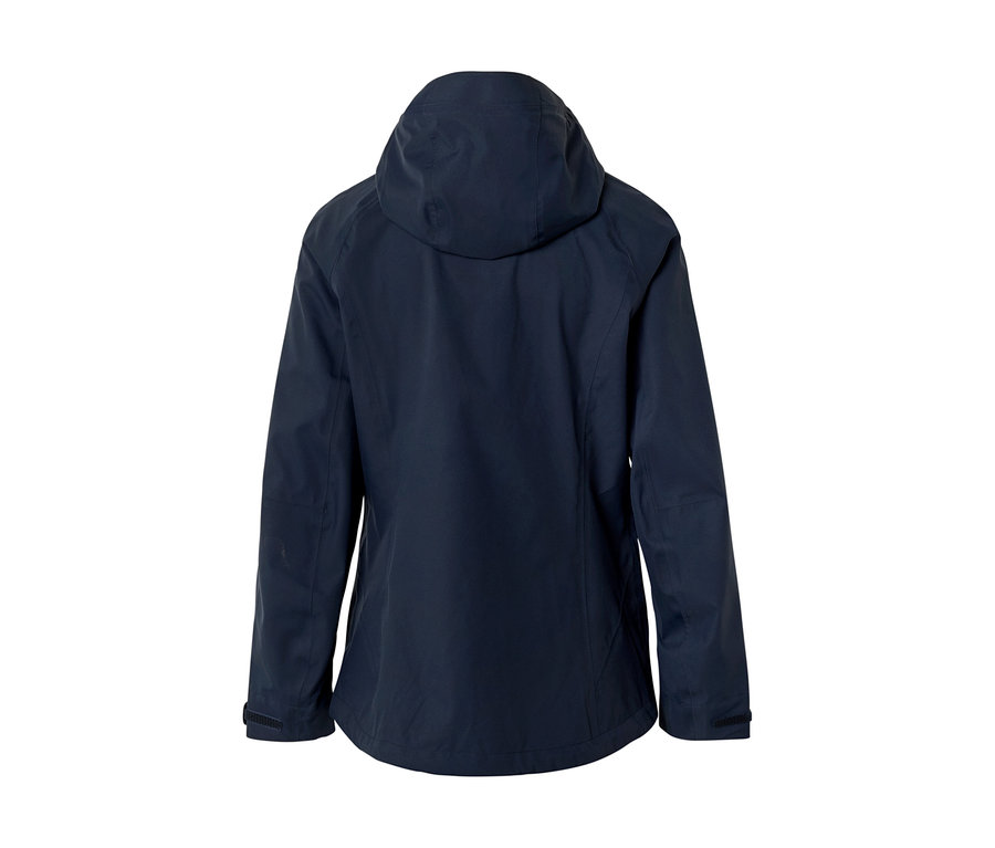 Dunkelblaue Jacke mit Kapuze, von hinten gesehen. Die Jacke hat lange Ärmel mit verstellbaren Bündchen.