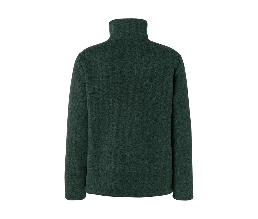 Dunkelgrüner Pullover mit hohem Kragen und langen Ärmeln, Rückansicht, vor weißem Hintergrund.