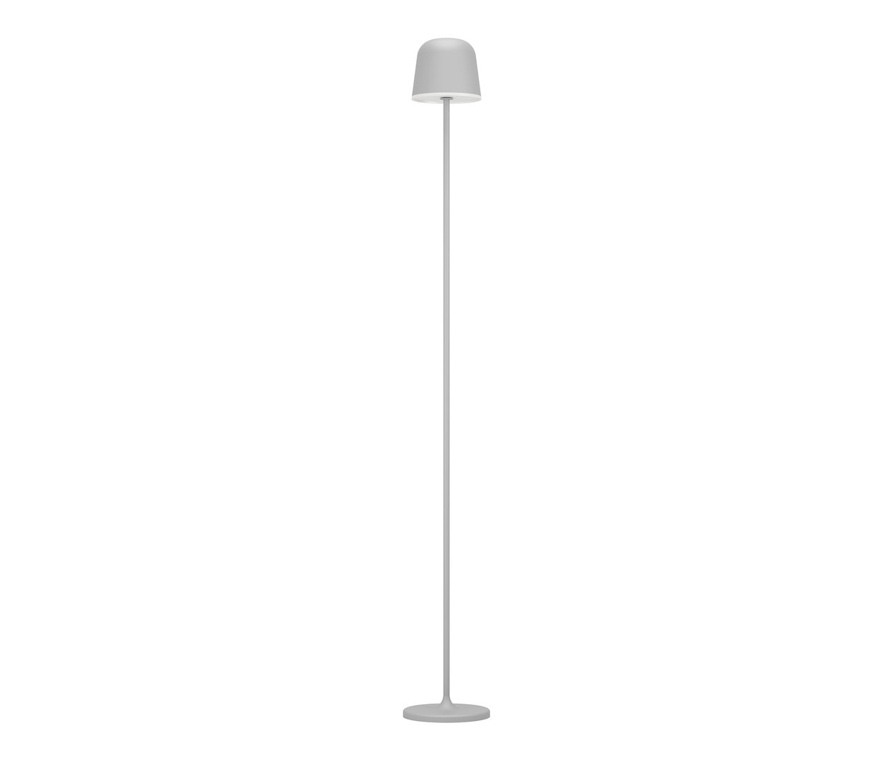 Graue Stehlampe mit rundem Fuß, schlankem Stiel und glockenförmigem Schirm auf weißem Hintergrund.