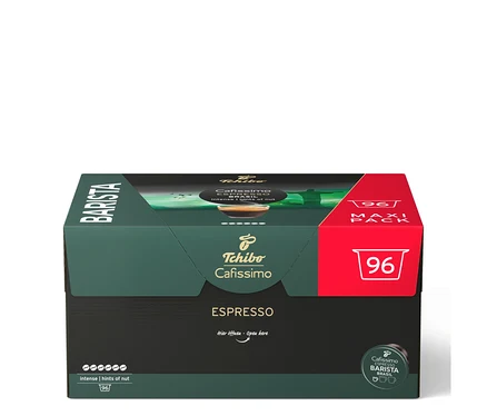 Dunkelgrüne und rote Packung Tchibo Cafissimo BARISTA Espresso Brasil Kaffeekapseln, mit der Aufschrift „96 MAXI PACK“ und „intense | hints of nut“.