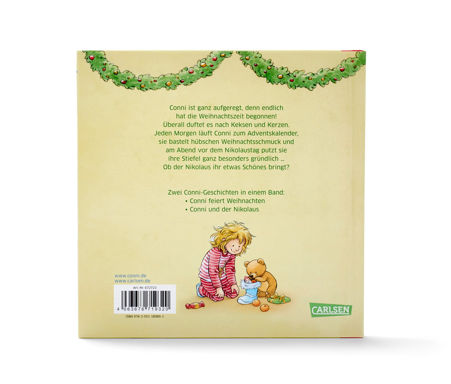 Illustration eines Kinderbuchs mit einem Mädchen und einem Teddybär an einem Weihnachtsstrumpf.