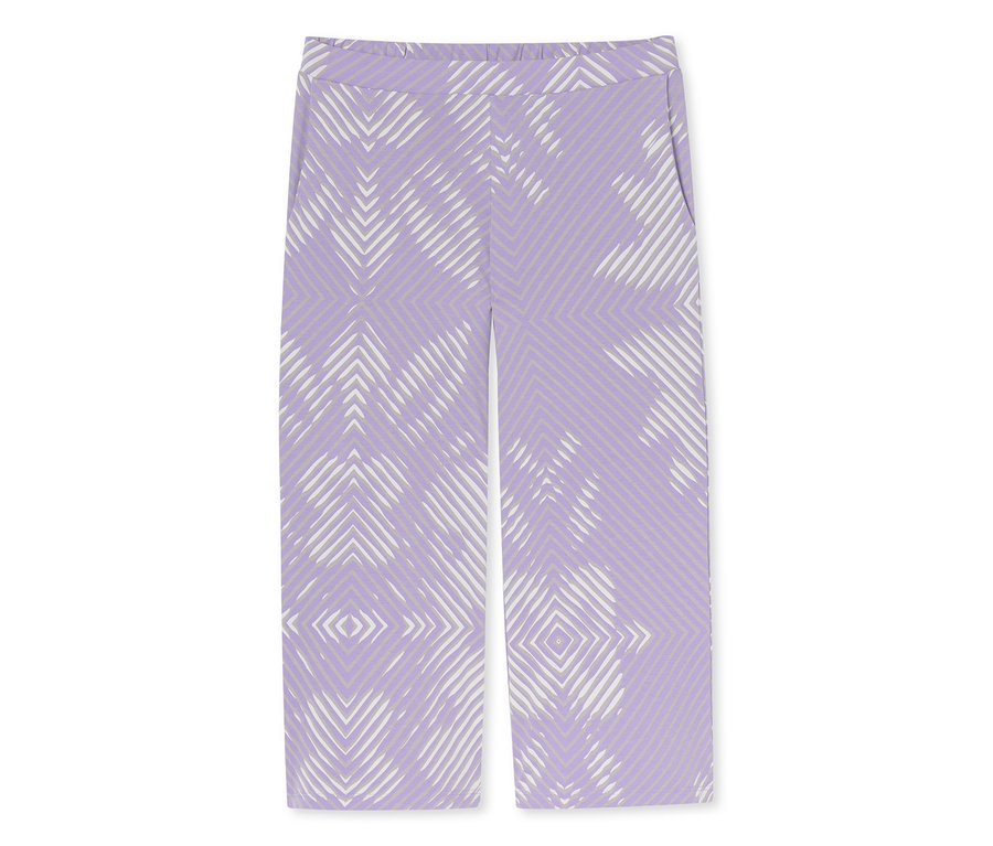 Lila Hose mit weißem, geometrischem Muster und Seitentaschen.