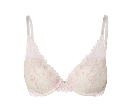 Elfenbeinfarbener BH mit zarter, rosa Spitze und silbernen Trägern.