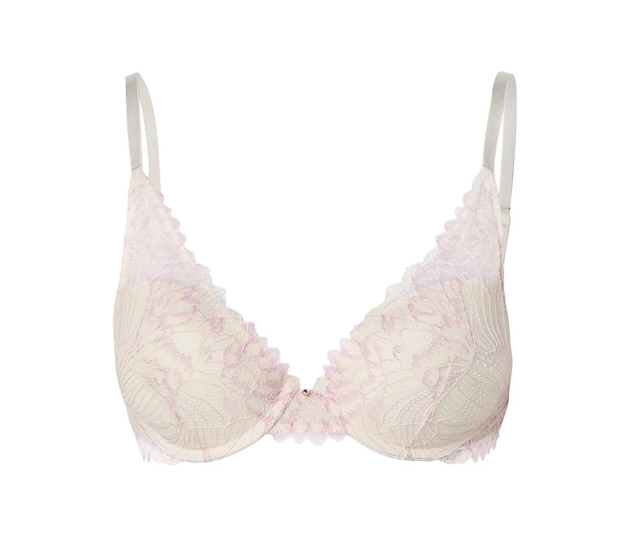 Elfenbeinfarbener BH mit zarter, rosa Spitze und silbernen Trägern.