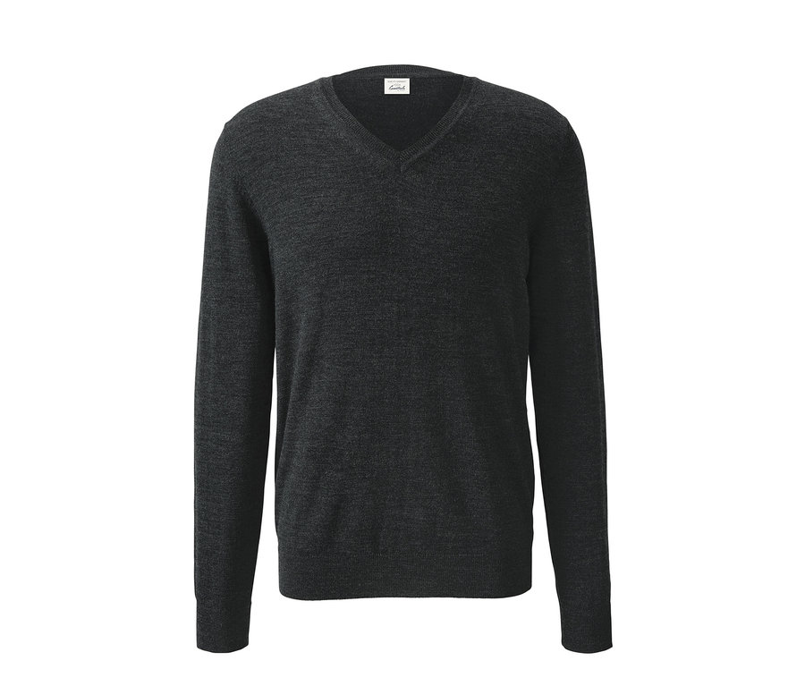 Grauer Merino-Pullover mit V-Ausschnitt.