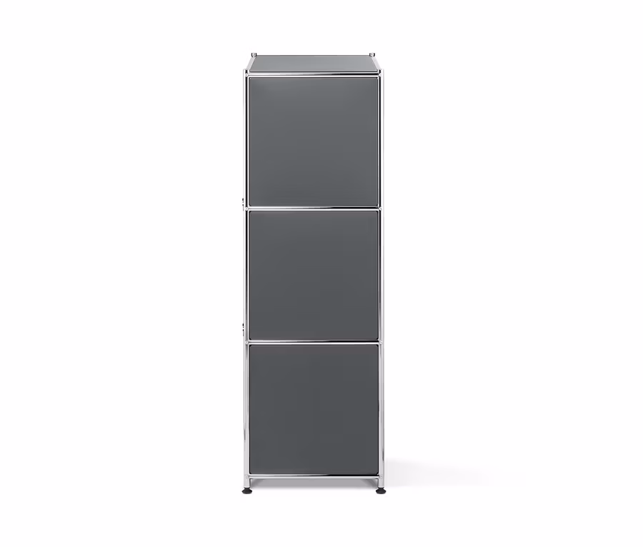 Graues Metall-Regal mit 2 versetzbaren Klappenfächern.