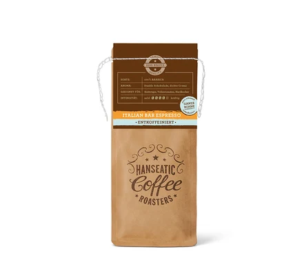 Braune Hanseatic Italian Bar Espresso Kaffeeverpackung, ganze Bohne, entkoffeiniert, mit Produktinfos und Logo.