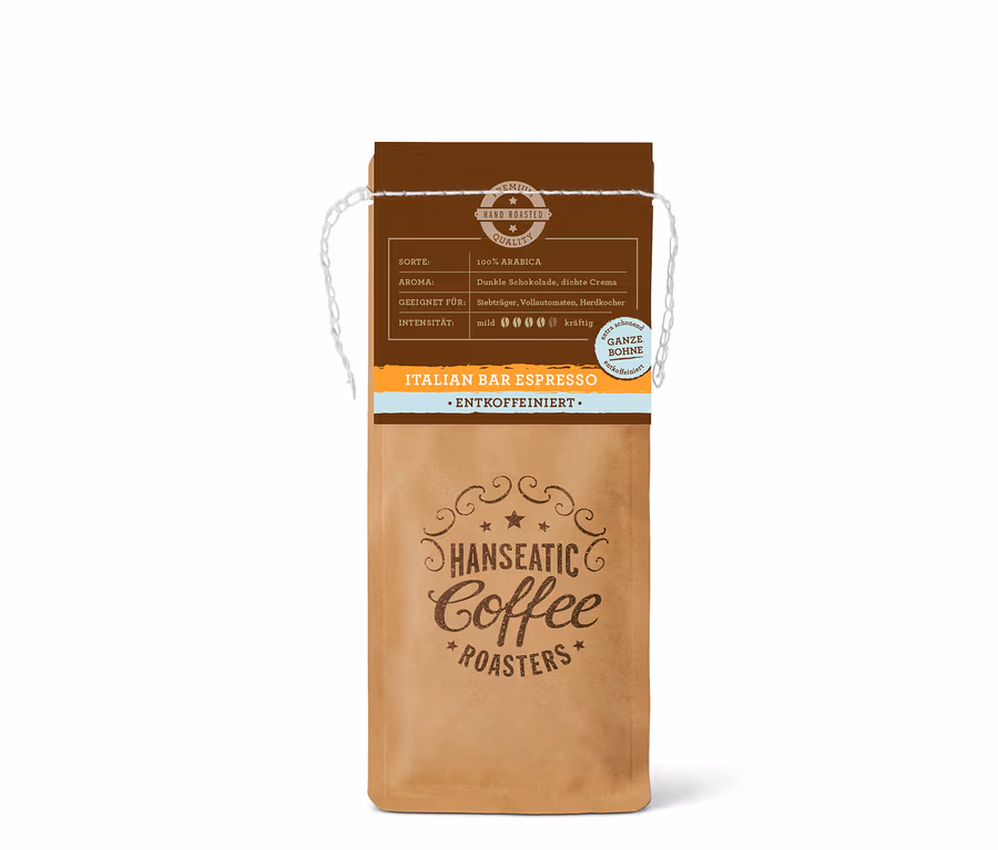 Braune Hanseatic Italian Bar Espresso Kaffeeverpackung, ganze Bohne, entkoffeiniert, mit Produktinfos und Logo.