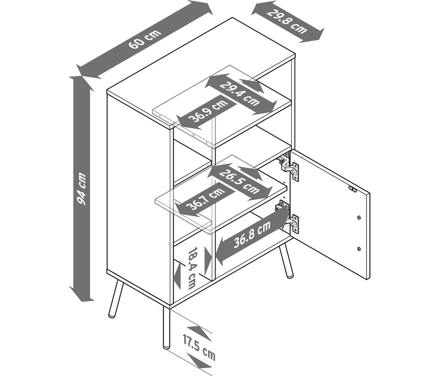 Kommode in Holzoptik mit einer geöffneten Tür, die zwei Regalböden im Inneren zeigt. Die Kommode ist 94 cm hoch, 60 cm breit und 29,8 cm tief, mit 17,5 cm hohen Beinen. Innen- und Fachmaße sind ebenfalls angegeben.