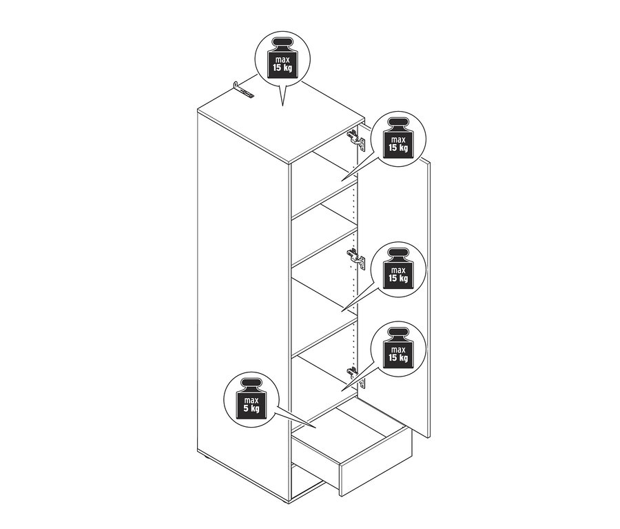 Abbildung eines schmalen Kleiderschranks Flemming mit offener Tür und Schublade. Die maximale Belastung der Böden beträgt 15 kg, die der Schublade 5 kg.