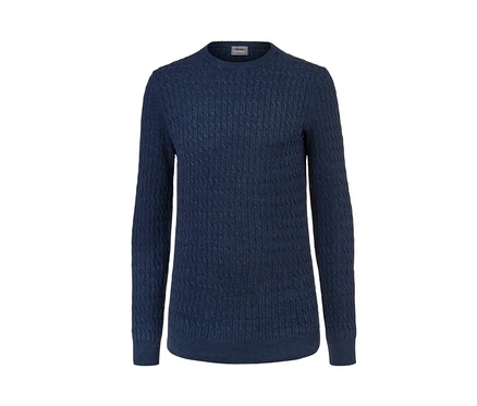Detailaufnahme eines blau melierten Strickpullovers.
