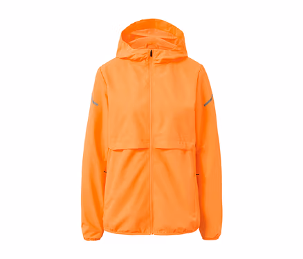 Neonorange Windprotection-Laufjacke mit Kapuze.