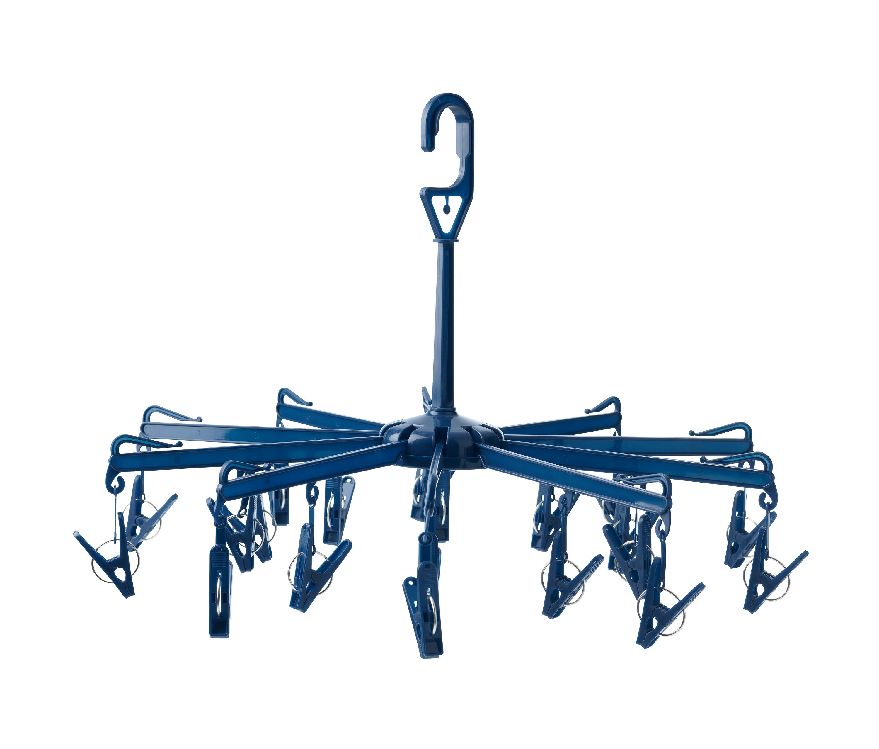 Blaue Camping-Mini-Wäschespinne mit Klammern.