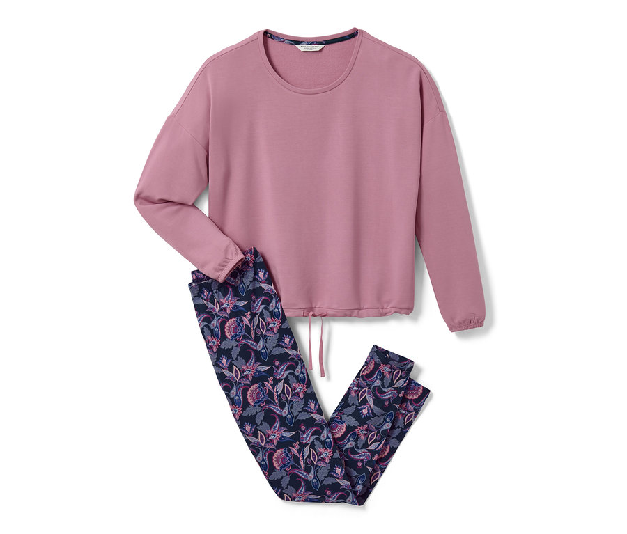 Ein rosafarbener Leggings-Pyjama mit Blumenmuster.