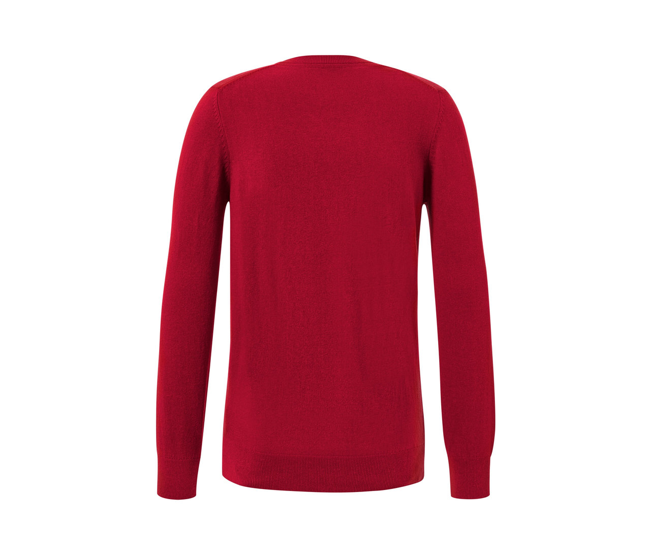 Roter Pullover mit V-Ausschnitt.