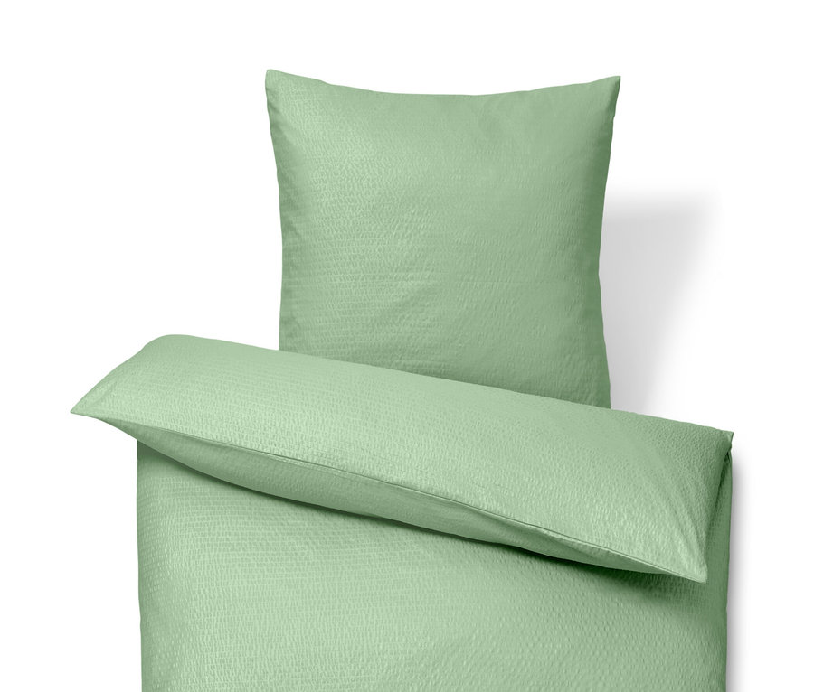 Grüne Seersucker-Bettwäsche in Normalgröße und Seersucker-Bettwäsche in Übergröße.