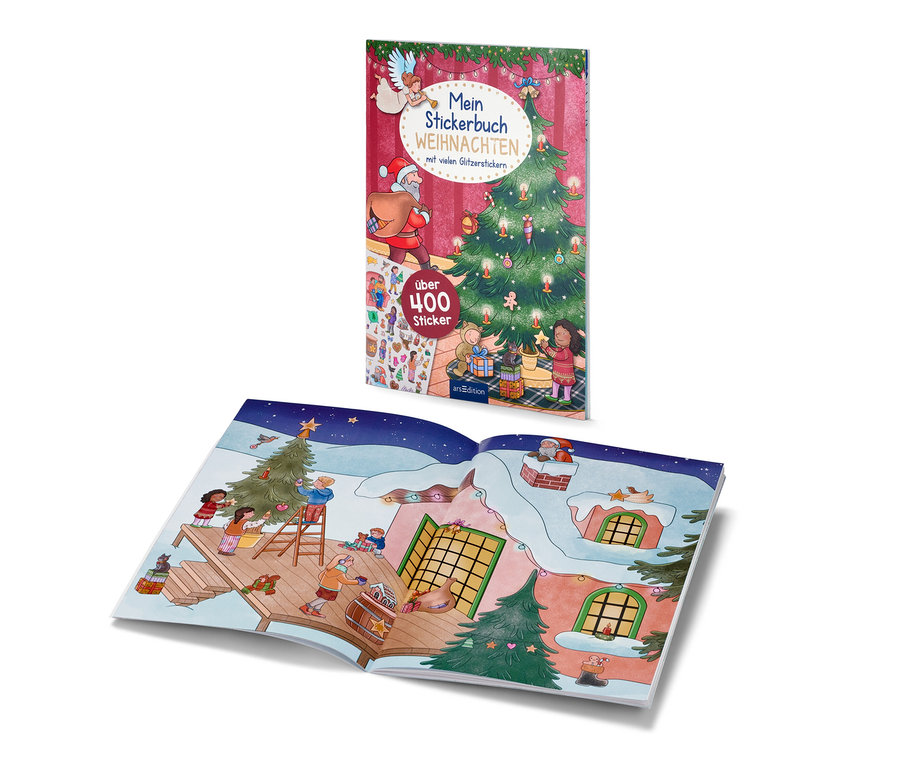 Zwei Abbildungen: ein geschlossenes 'Mein Stickerbuch »Weihnachten«' und ein geöffnetes Buch mit einer Illustration einer Weihnachtsszene.