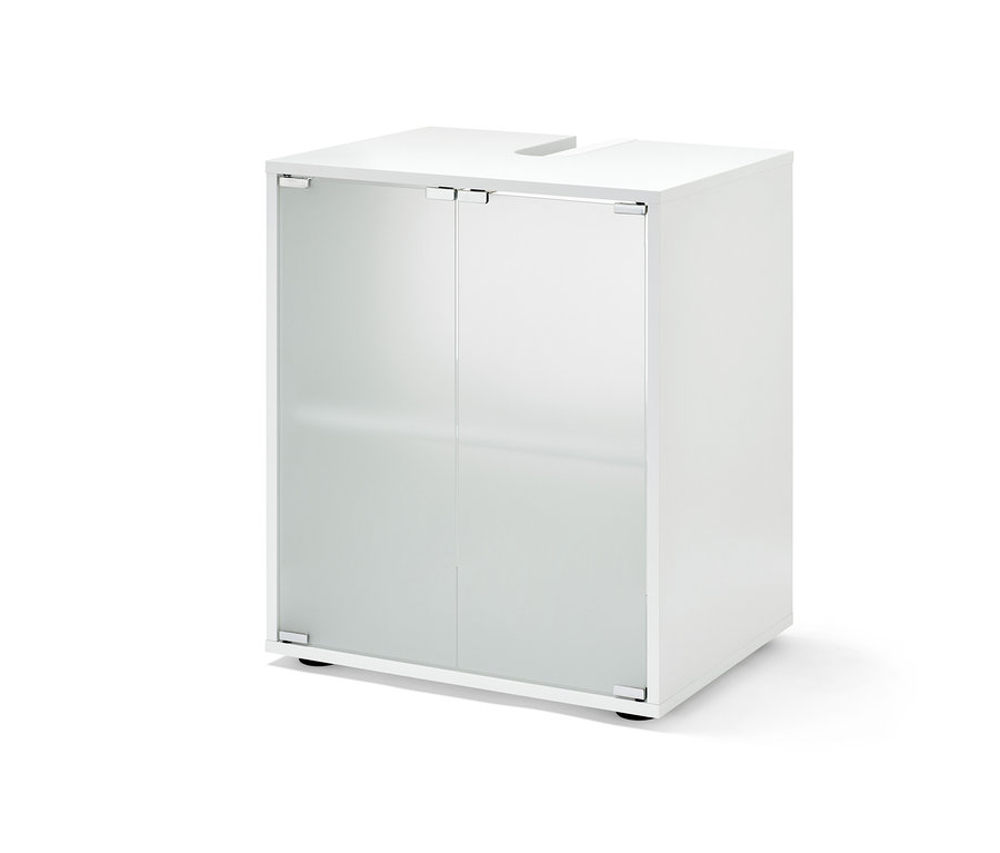 Weißer Waschbeckenunterschrank, Bad, mittel, mit zwei Glastüren.
